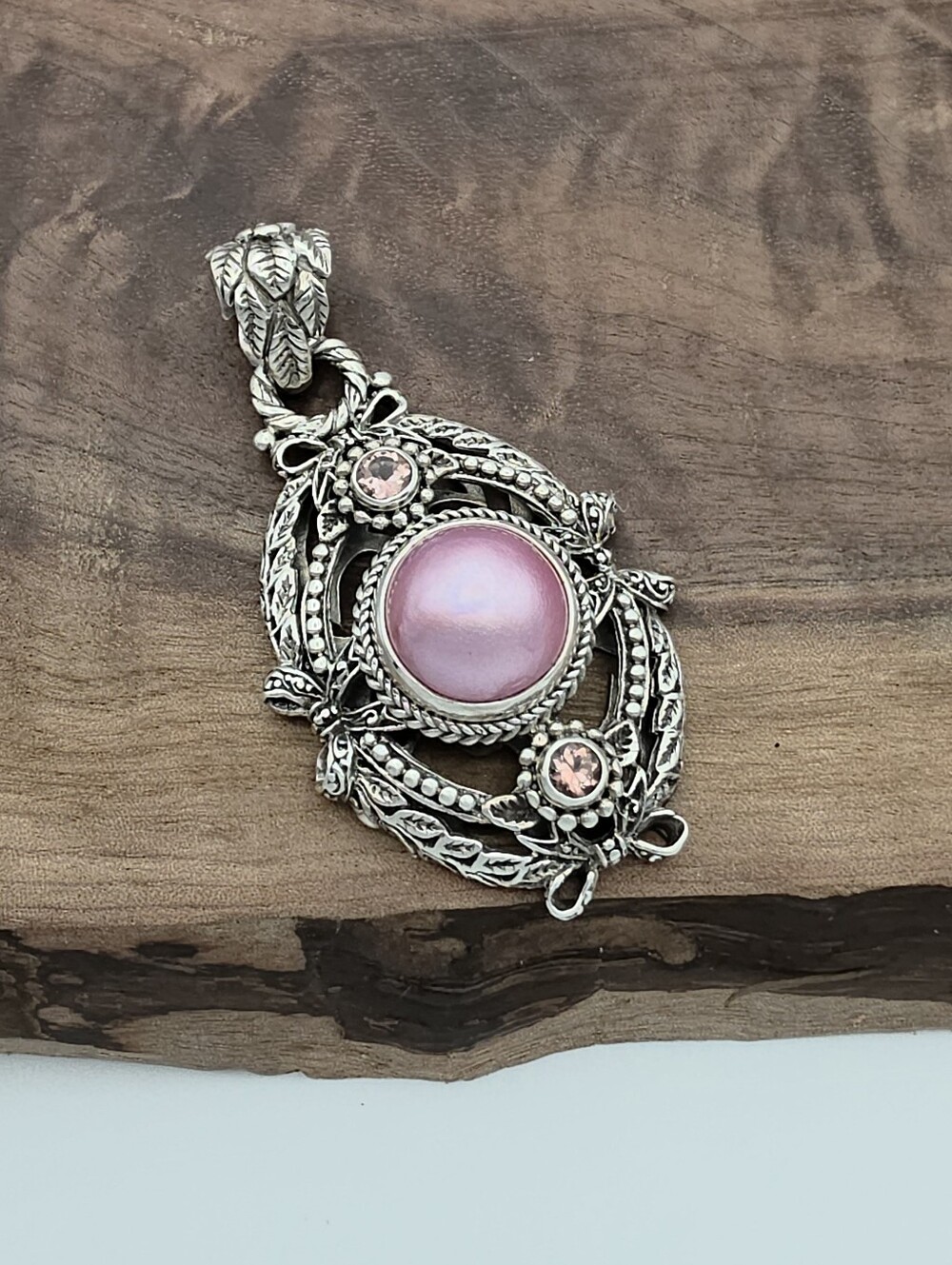 Vtg Sarda 925 Sterling Silver Pink Mabe Pearl Bali Pendant Necklace Enhancer